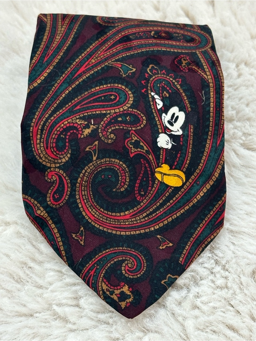 Vintage 90s Disney Store Mickey Donald Paisley 100% Silk Tie Korea